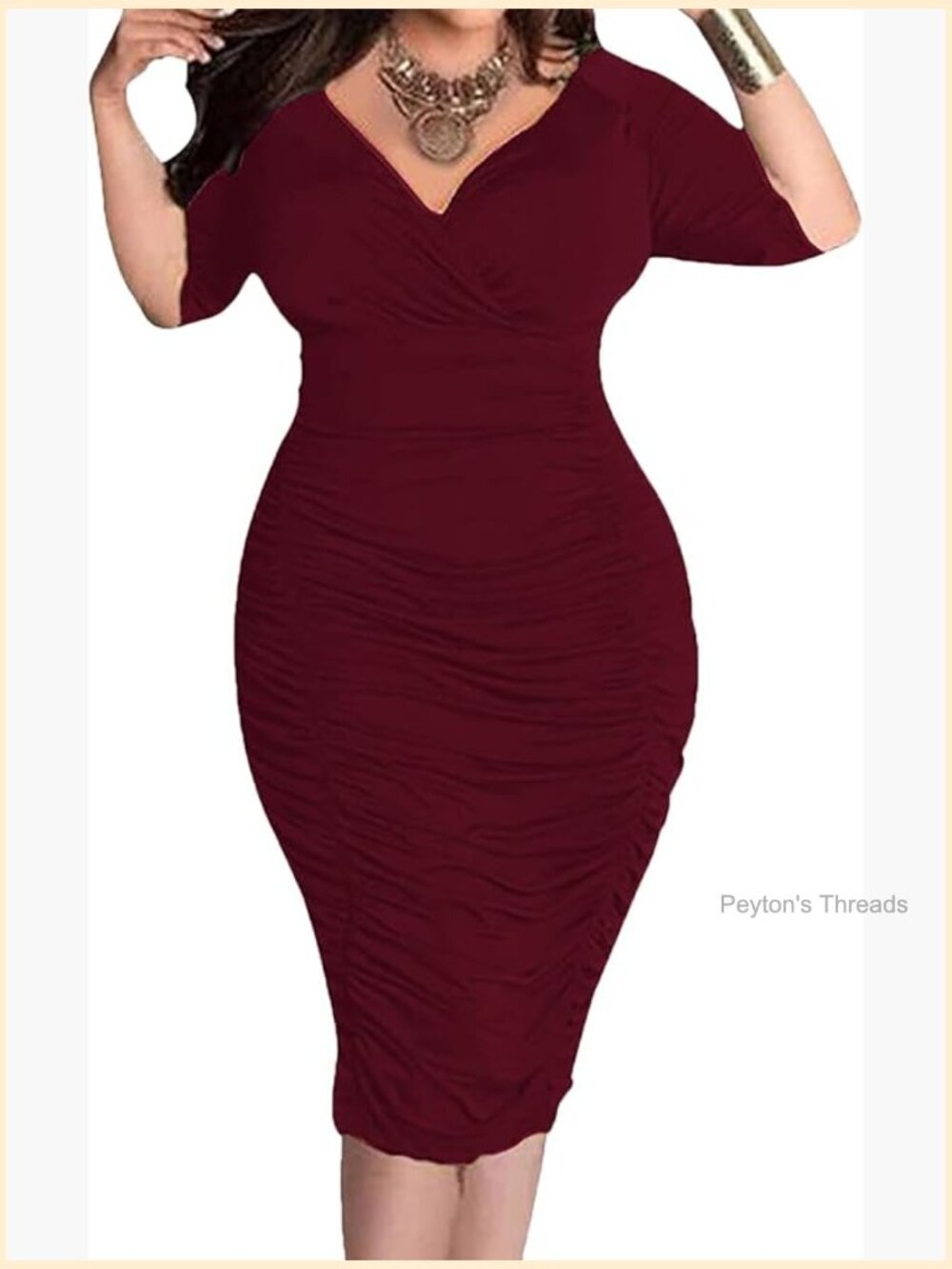 Plus Size Bodycon Midi Dress with Ruched Wrap V-Neck Short Sleeve